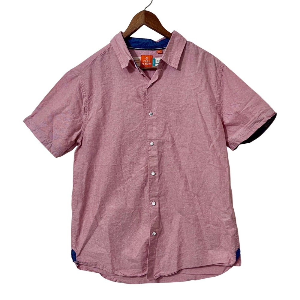 Free Planet Mens Pink Short‎ Sleeve Button Down Shirt Size Large Cotton